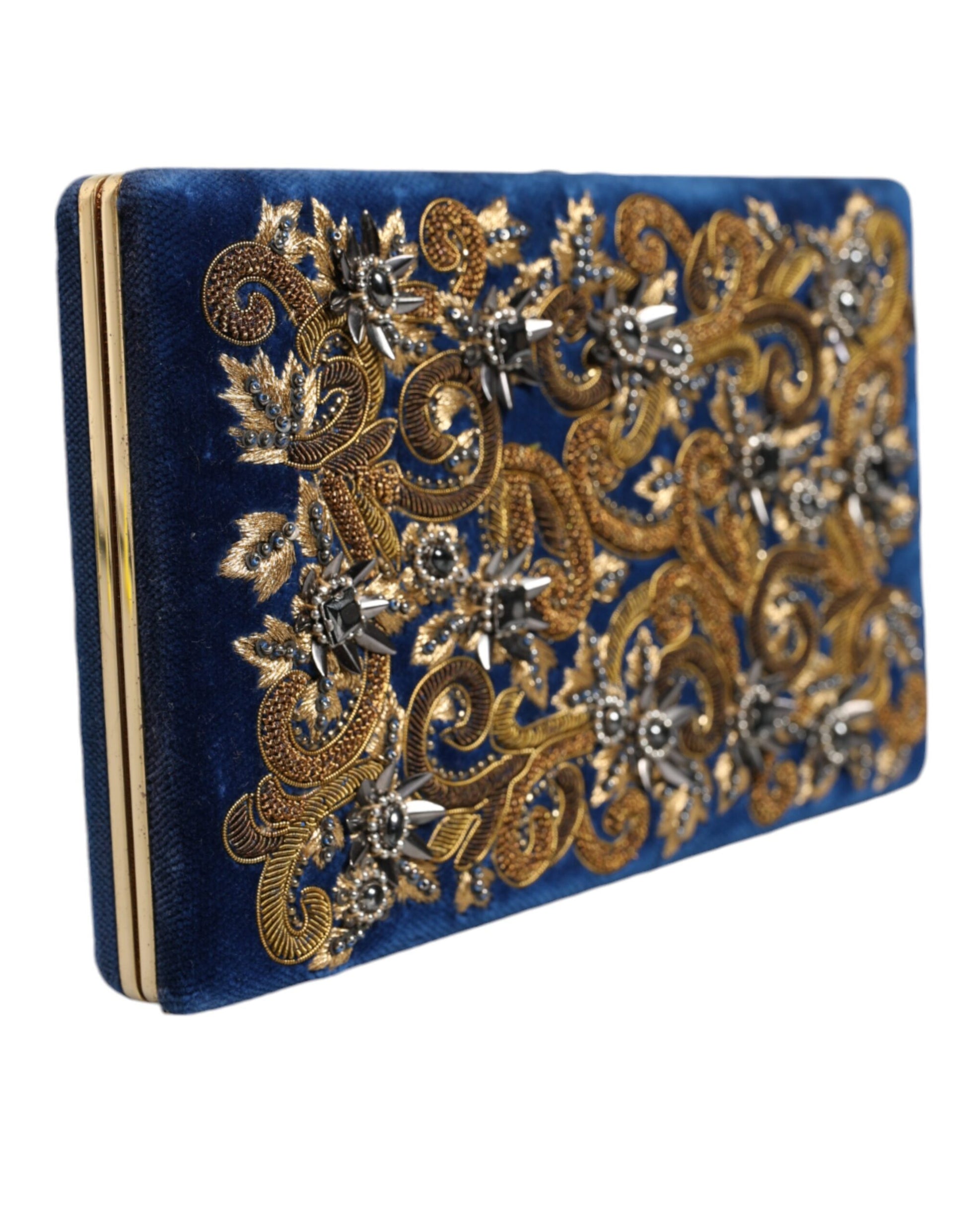 Dolce & Gabbana Blue Velvet Gold Frame Clutch Evening Party Purse Bag - ClickThatClicks 