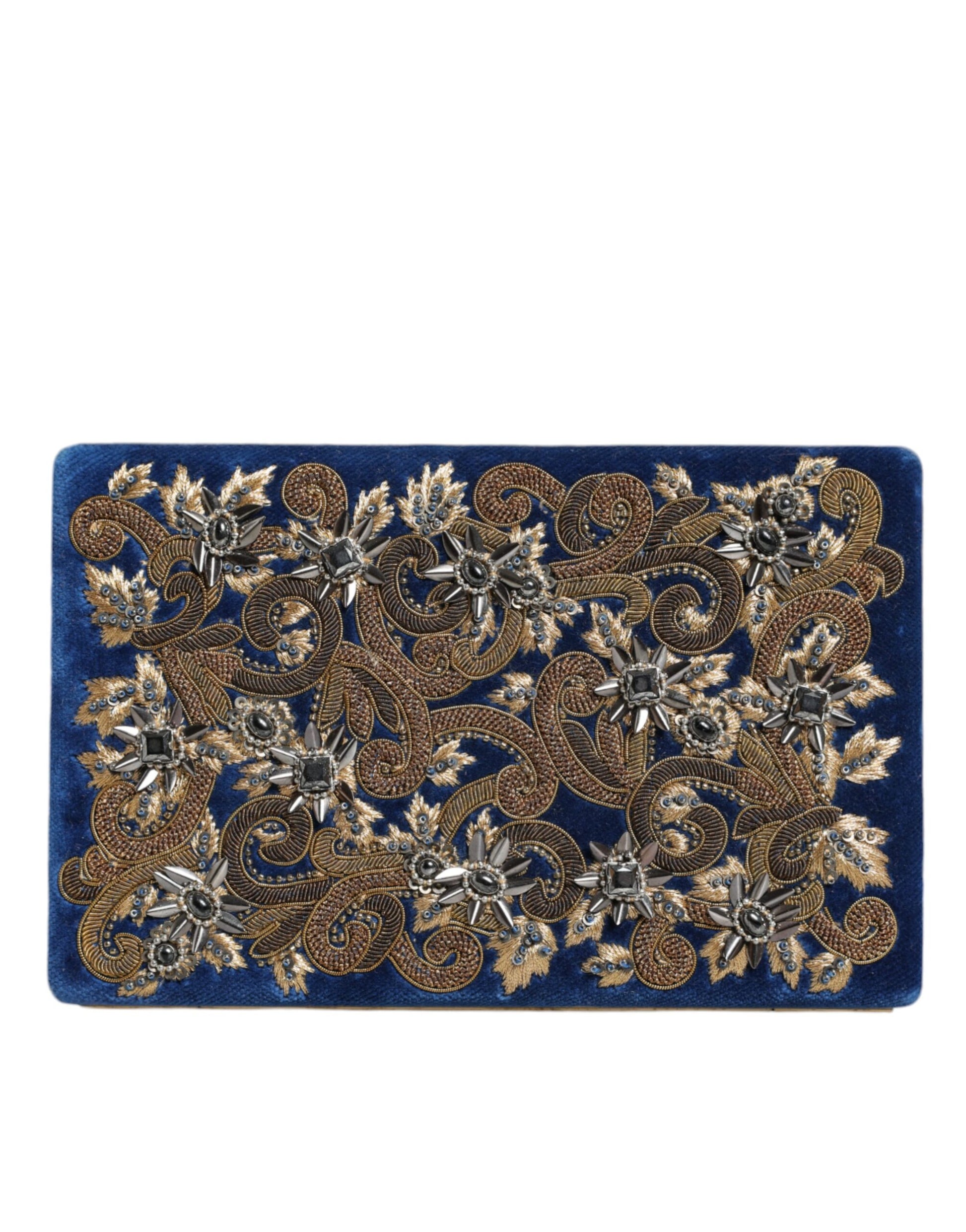Dolce & Gabbana Blue Velvet Gold Frame Clutch Evening Party Purse Bag - ClickThatClicks 