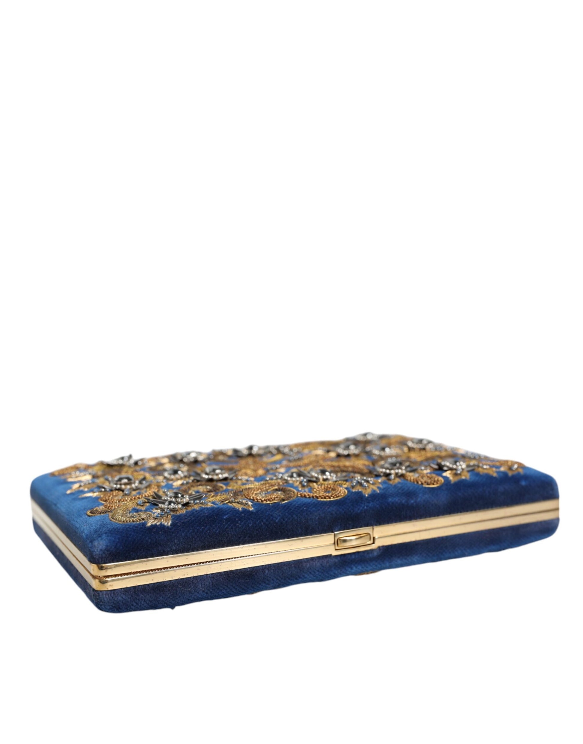 Dolce & Gabbana Blue Velvet Gold Frame Clutch Evening Party Purse Bag - ClickThatClicks 
