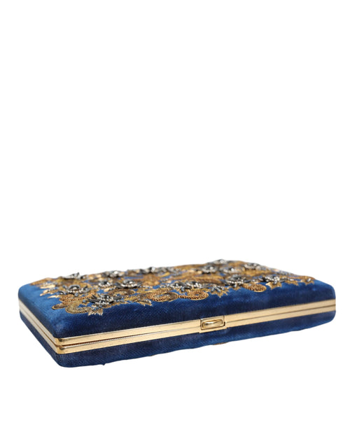 Dolce & Gabbana Blue Velvet Gold Frame Clutch Evening Party Purse Bag - ClickThatClicks 