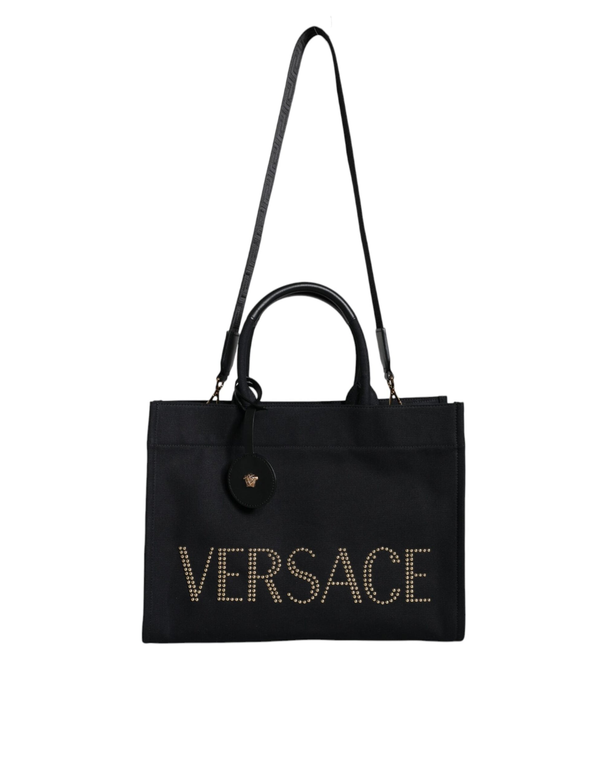 Versace Black Top Handle Canvas Leather Logo Crossbody Tote Bag - ClickThatClicks 