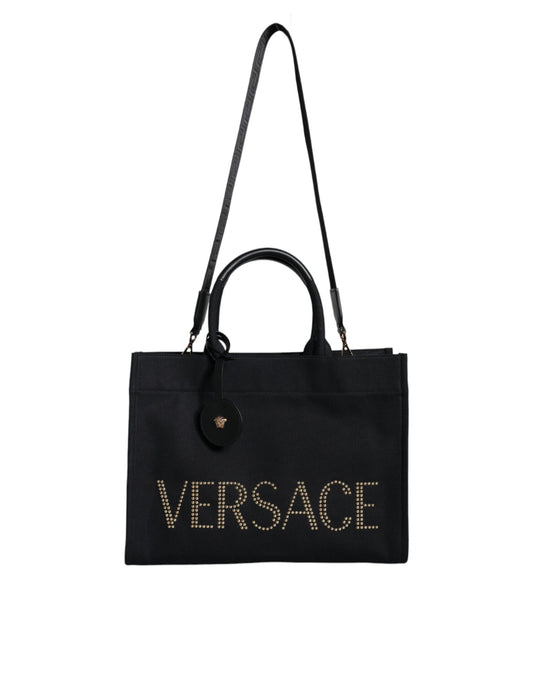 Versace Black Top Handle Canvas Leather Logo Crossbody Tote Bag - ClickThatClicks 