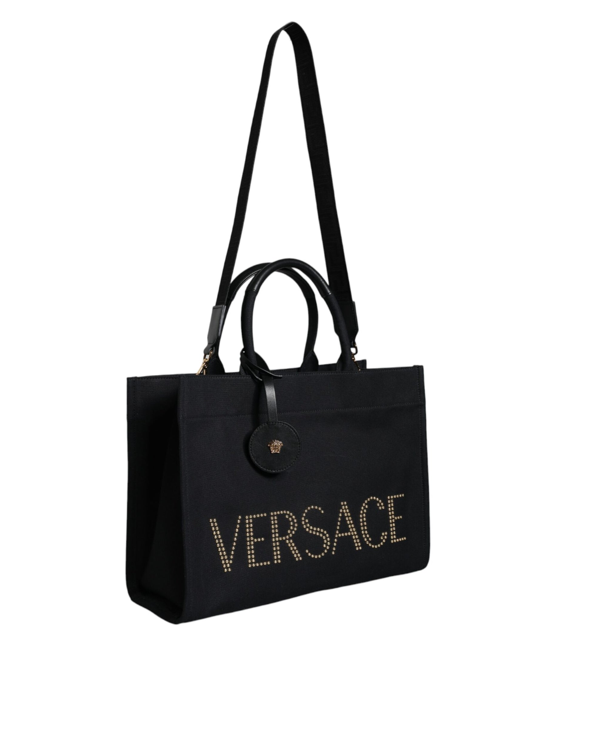Versace Black Top Handle Canvas Leather Logo Crossbody Tote Bag - ClickThatClicks 