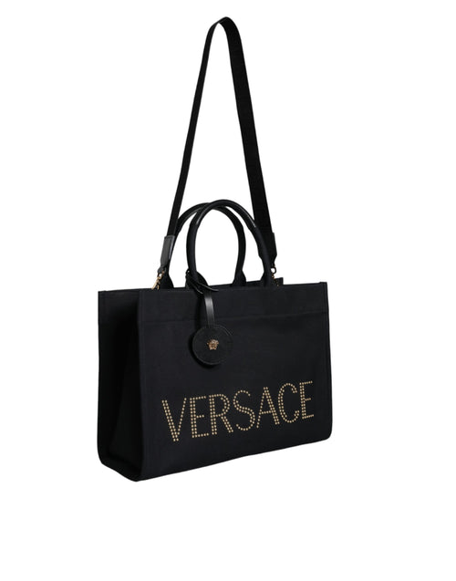 Versace Black Top Handle Canvas Leather Logo Crossbody Tote Bag - ClickThatClicks 