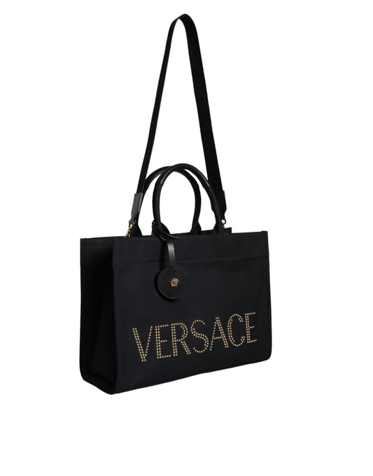 Versace Black Top Handle Canvas Leather Logo Crossbody Tote Bag - ClickThatClicks 