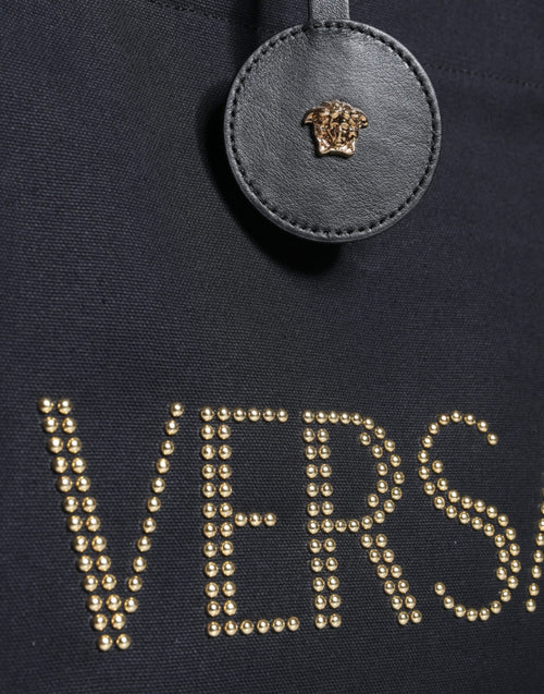 Versace Black Top Handle Canvas Leather Logo Crossbody Tote Bag - ClickThatClicks 