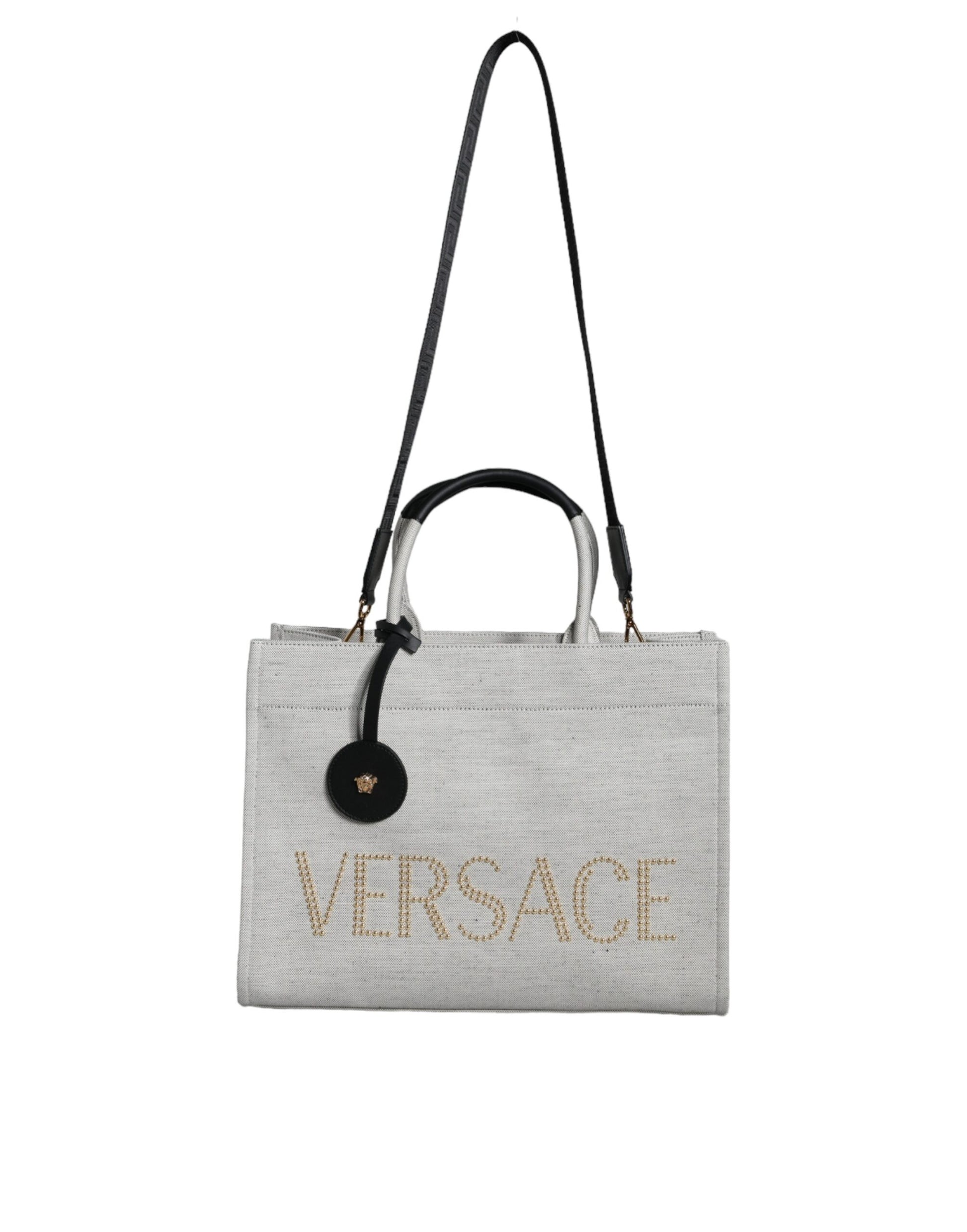 Versace White Top Handle Canvas Leather Logo Crossbody Tote Bag - ClickThatClicks 