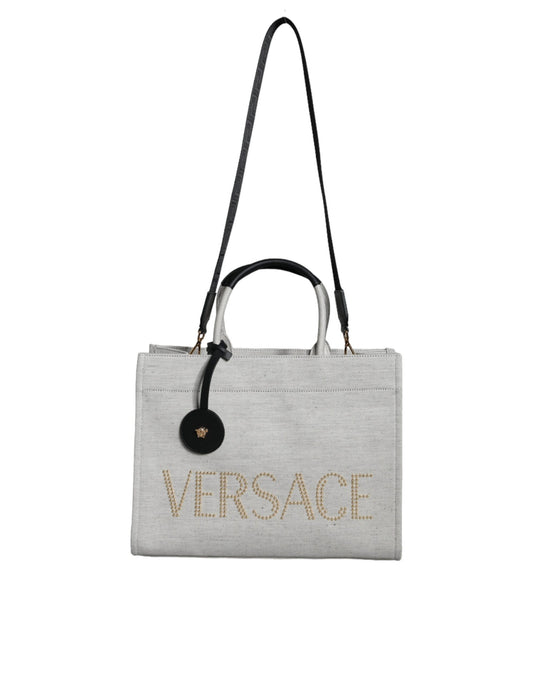 Versace White Top Handle Canvas Leather Logo Crossbody Tote Bag - ClickThatClicks 