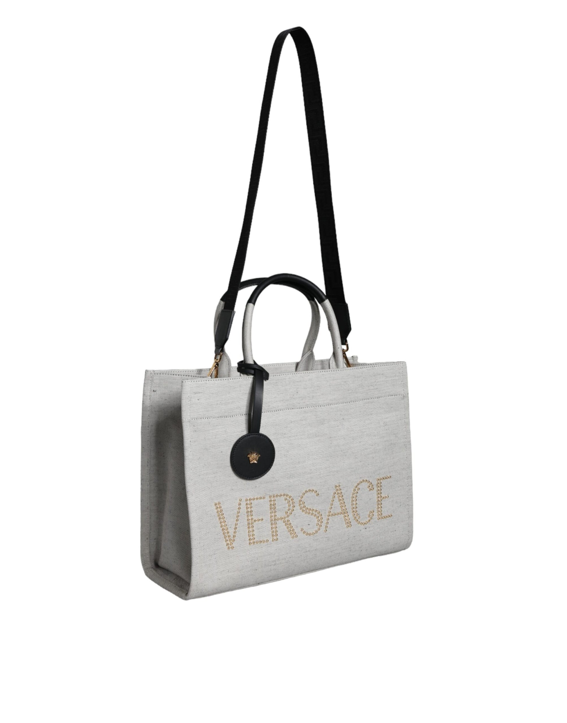 Versace White Top Handle Canvas Leather Logo Crossbody Tote Bag - ClickThatClicks 