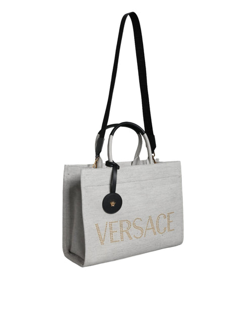 Versace White Top Handle Canvas Leather Logo Crossbody Tote Bag - ClickThatClicks 