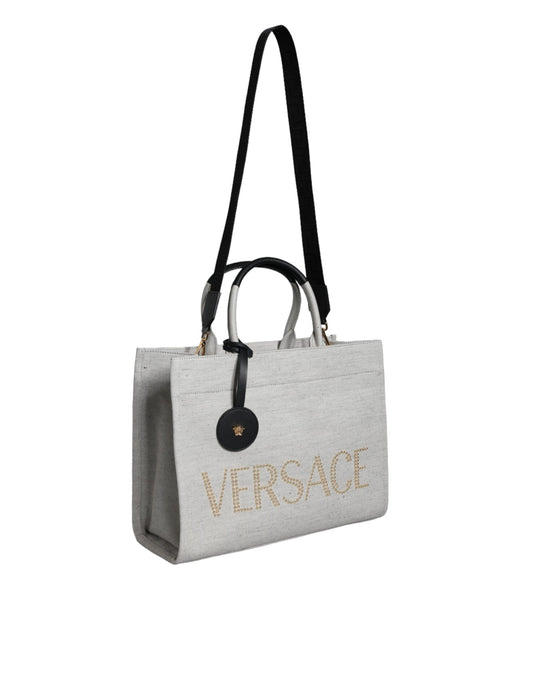 Versace White Top Handle Canvas Leather Logo Crossbody Tote Bag - ClickThatClicks 