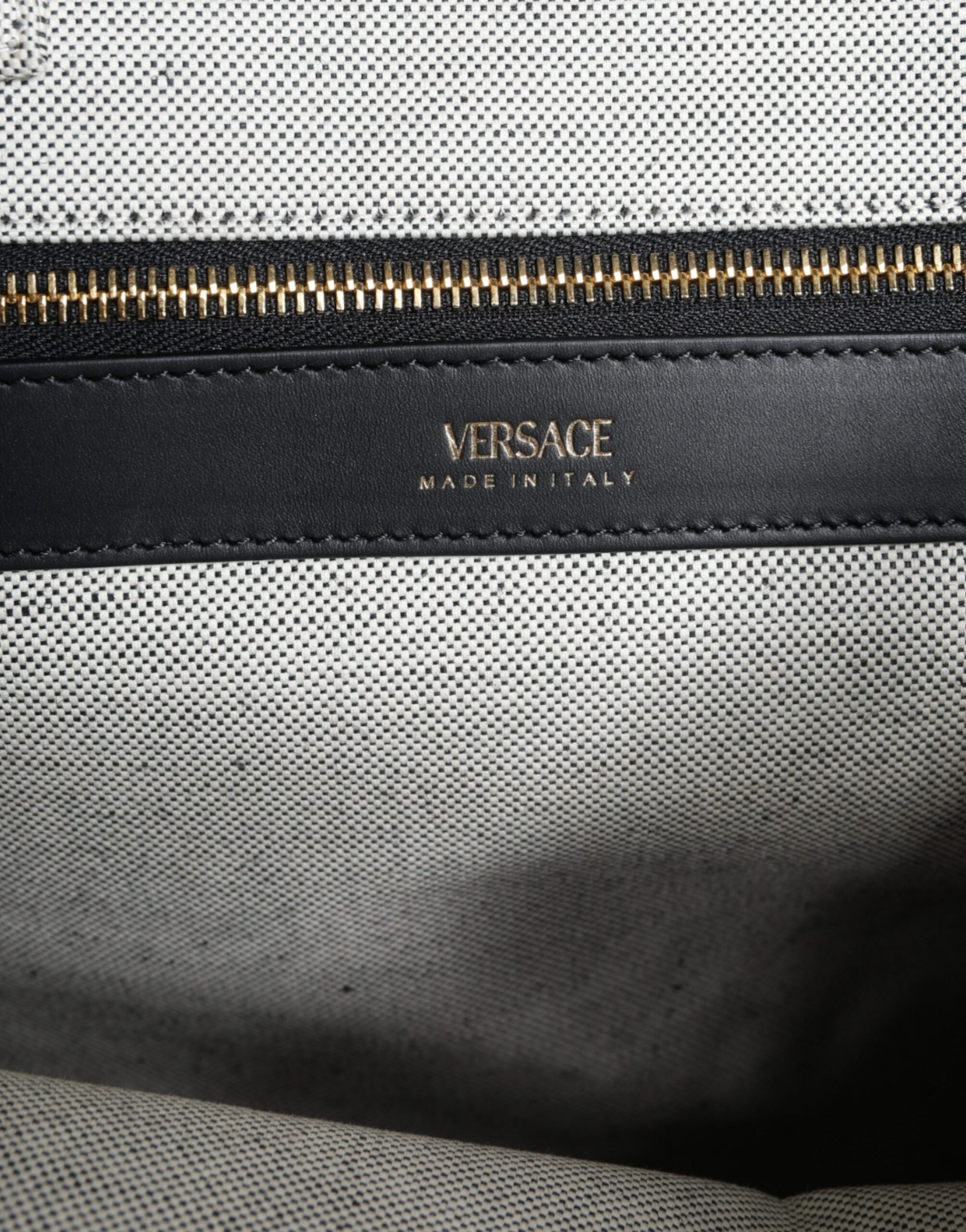 Versace White Top Handle Canvas Leather Logo Crossbody Tote Bag - ClickThatClicks 