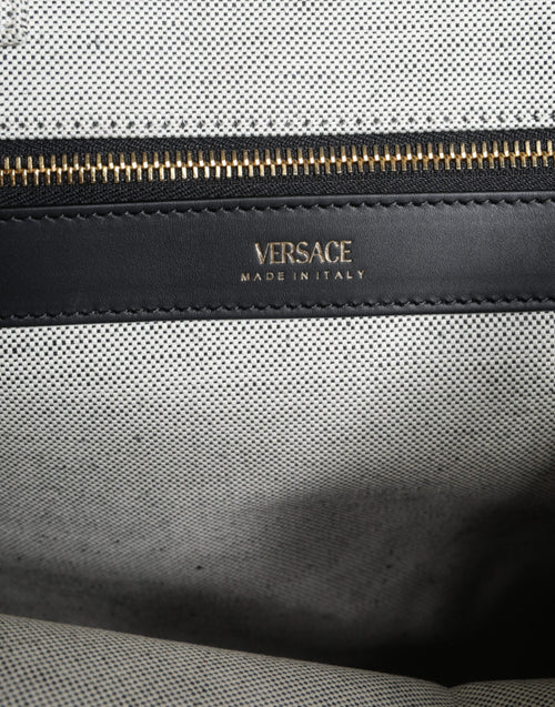 Versace White Top Handle Canvas Leather Logo Crossbody Tote Bag - ClickThatClicks 