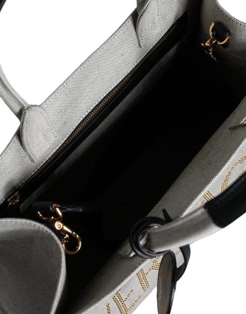 Versace White Top Handle Canvas Leather Logo Crossbody Tote Bag - ClickThatClicks 