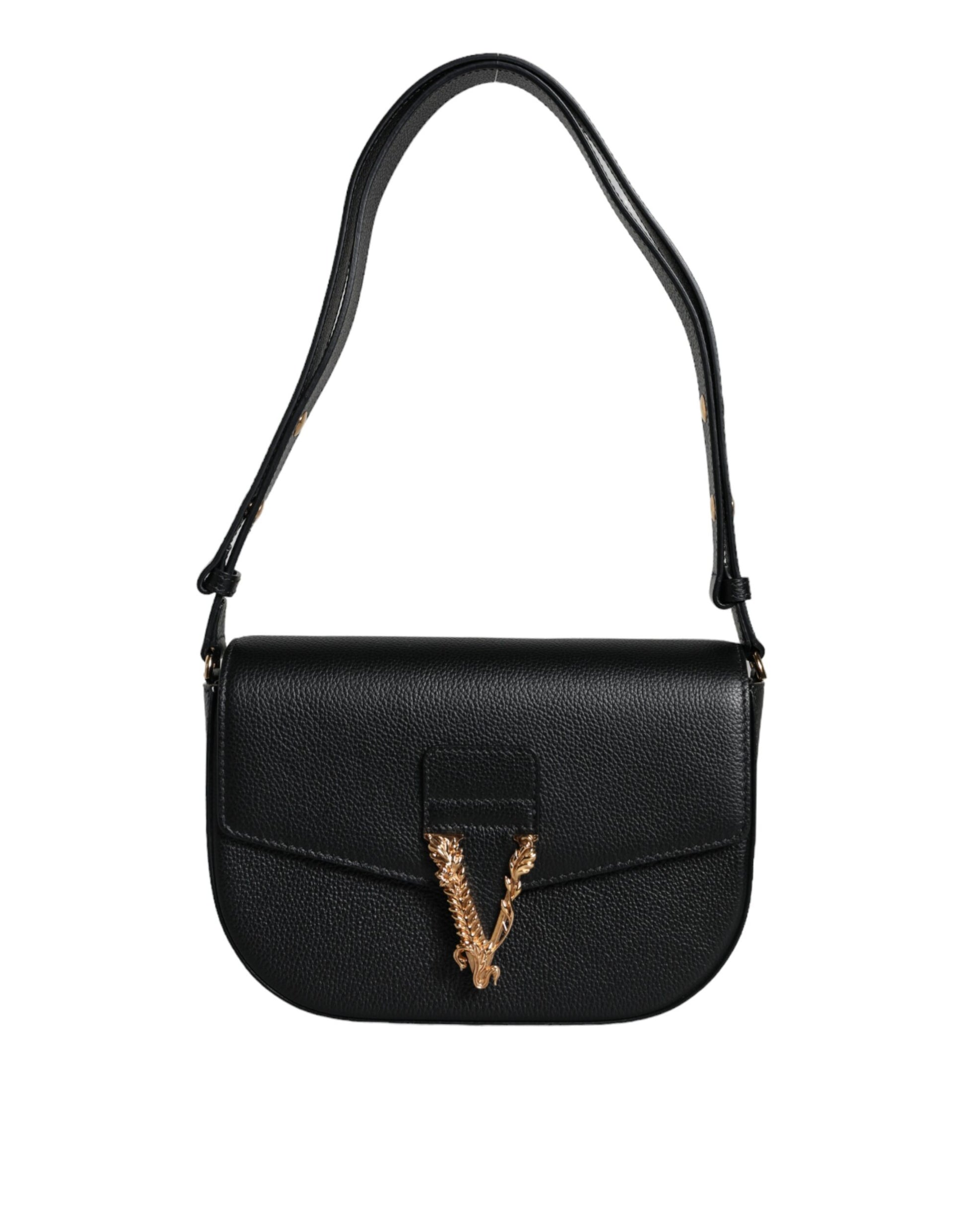 Versace Black Grainy Calf Leather Logo Crossbody Shoulder Bag - ClickThatClicks 