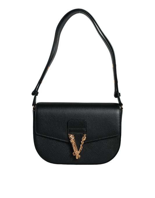 Versace Black Grainy Calf Leather Logo Crossbody Shoulder Bag - ClickThatClicks 