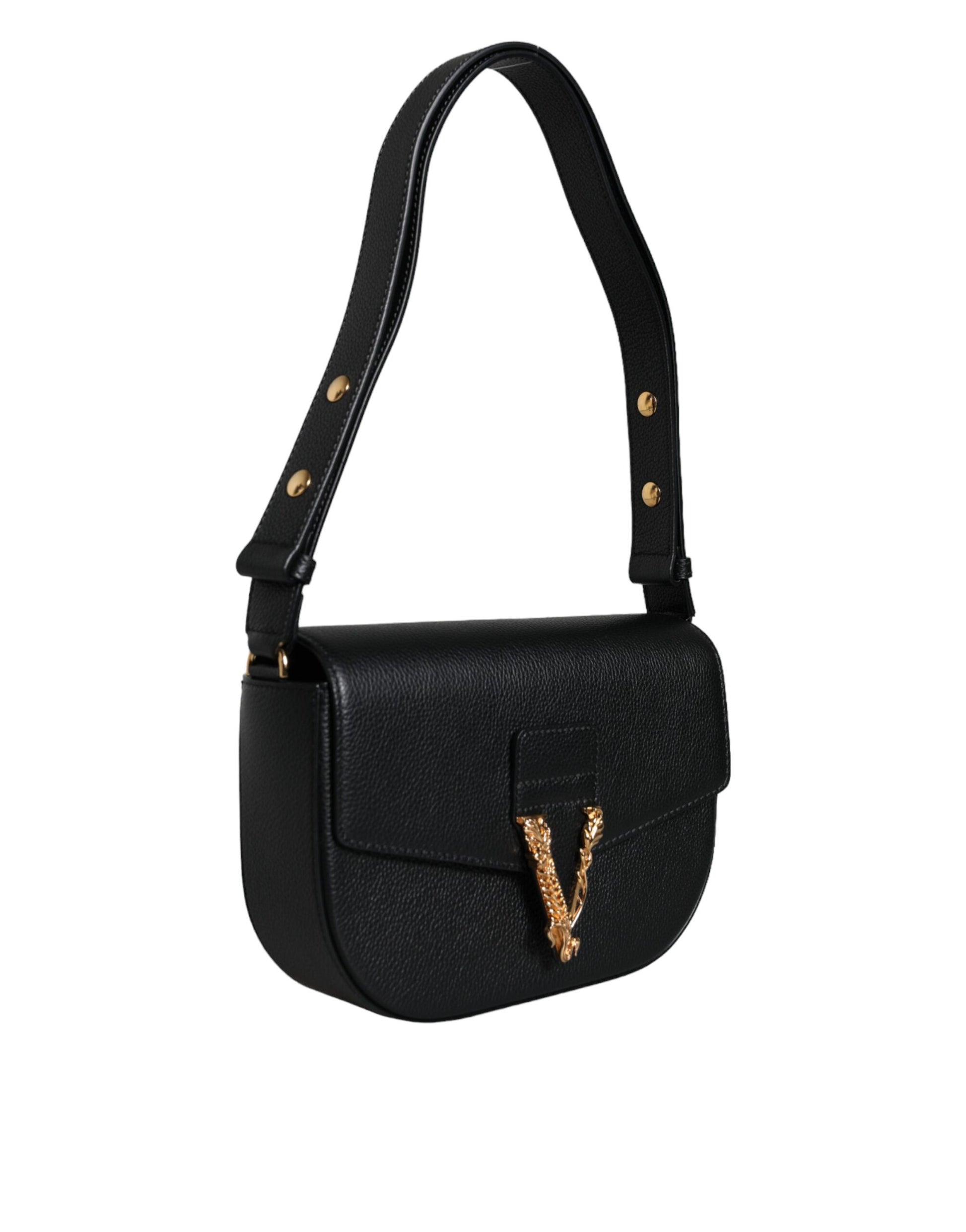 Versace Black Grainy Calf Leather Logo Crossbody Shoulder Bag - ClickThatClicks 