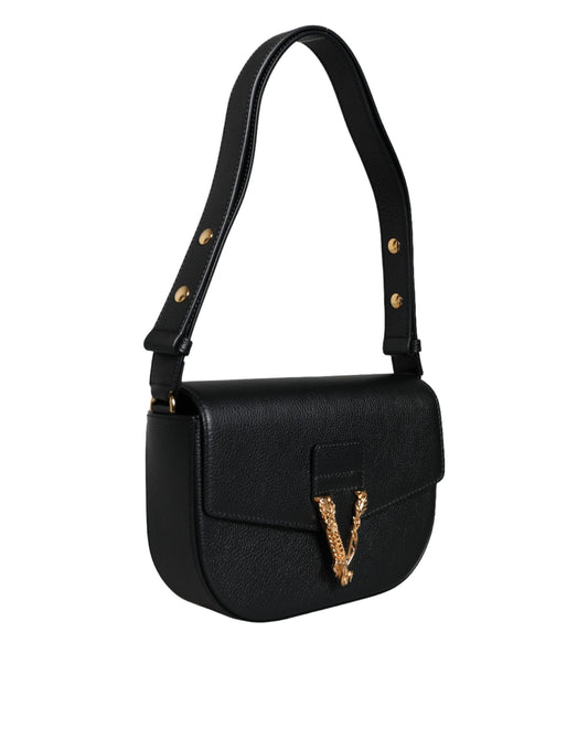 Versace Black Grainy Calf Leather Logo Crossbody Shoulder Bag - ClickThatClicks 