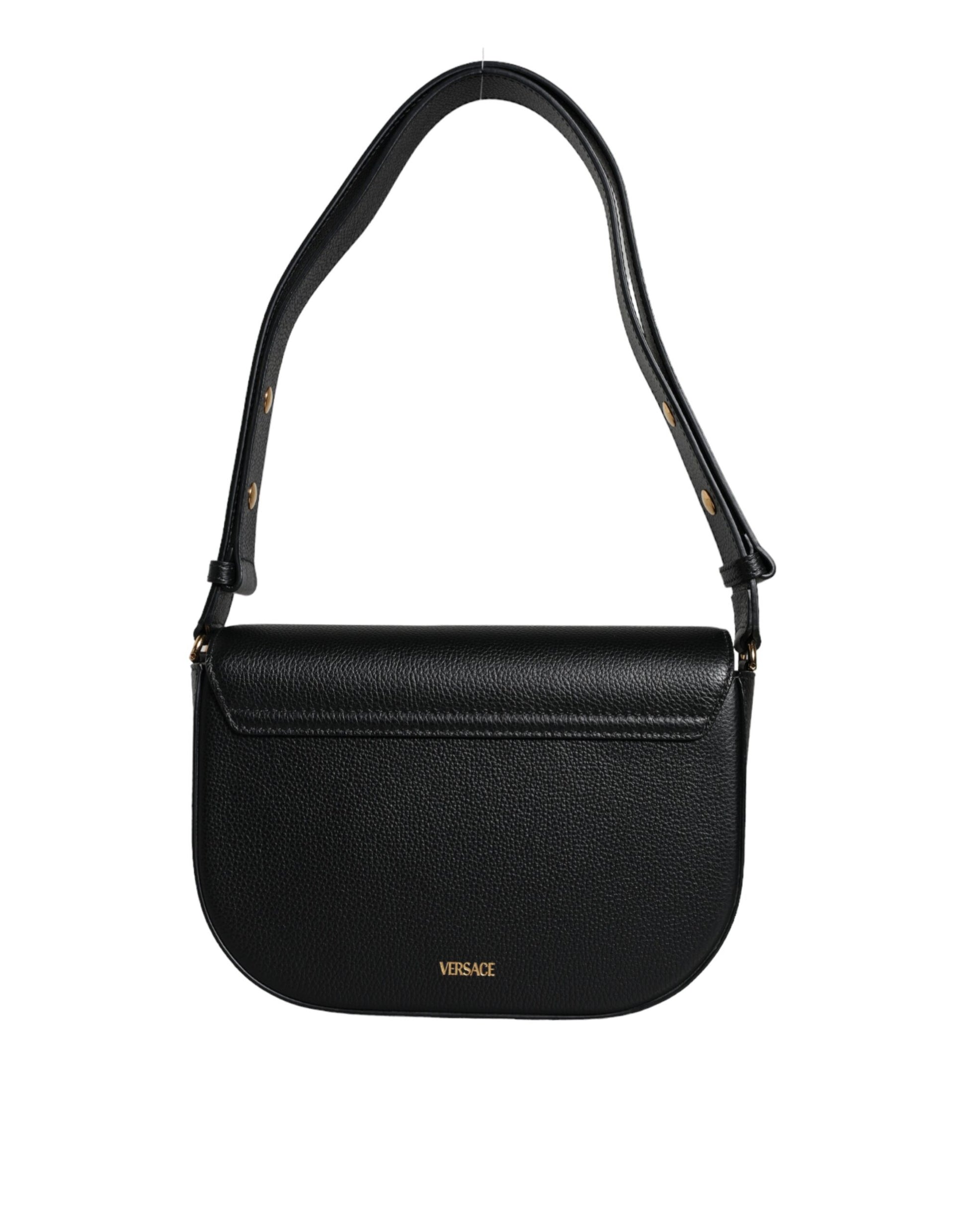 Versace Black Grainy Calf Leather Logo Crossbody Shoulder Bag - ClickThatClicks 