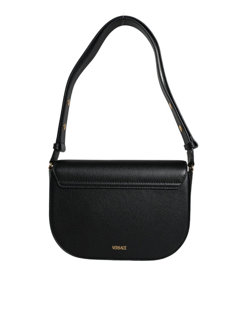 Versace Black Grainy Calf Leather Logo Crossbody Shoulder Bag - ClickThatClicks 