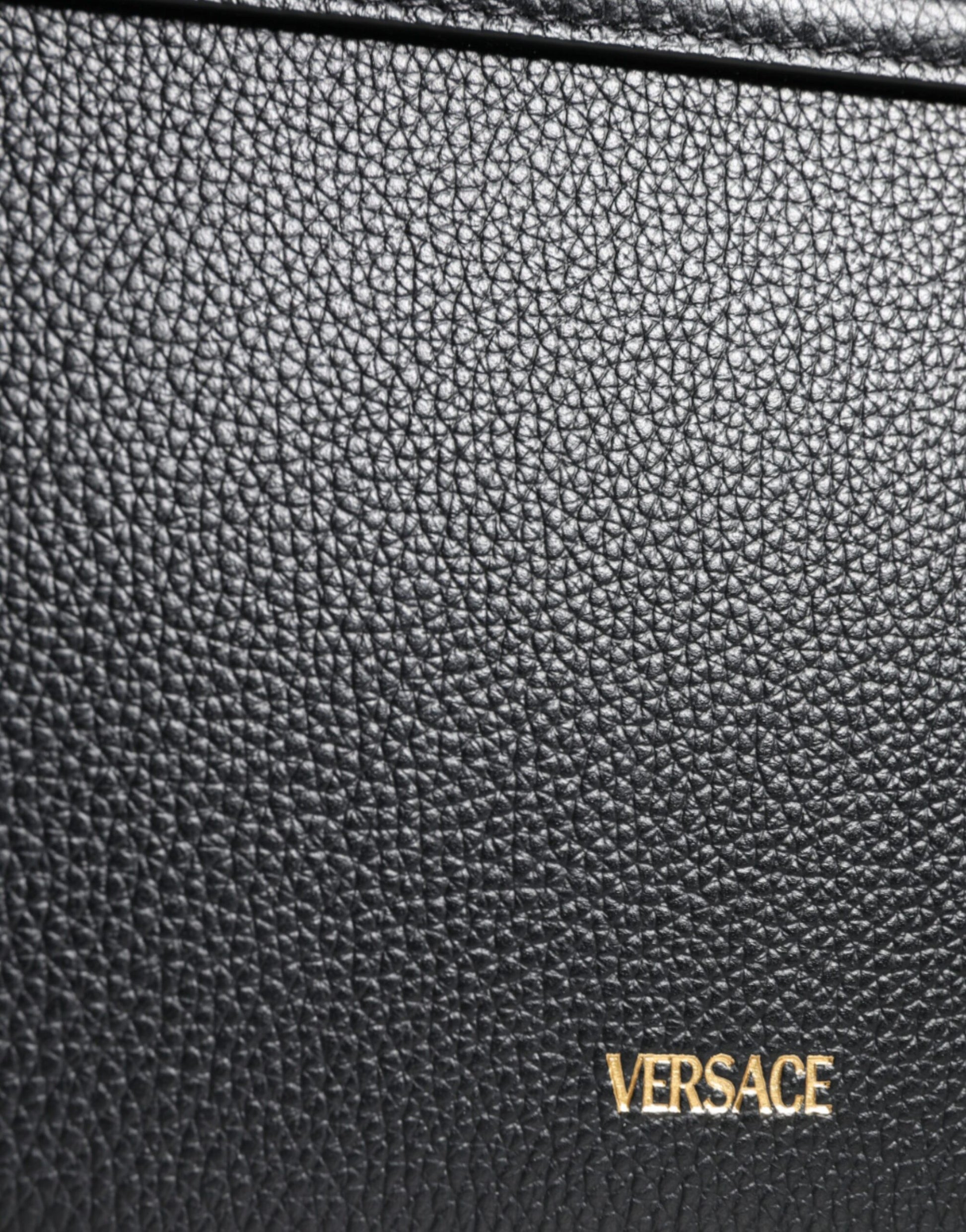 Versace Black Grainy Calf Leather Logo Crossbody Shoulder Bag - ClickThatClicks 
