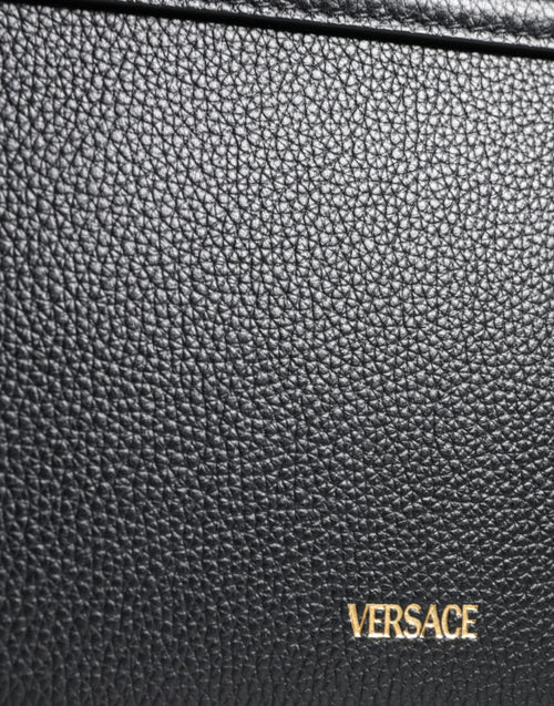 Versace Black Grainy Calf Leather Logo Crossbody Shoulder Bag - ClickThatClicks 
