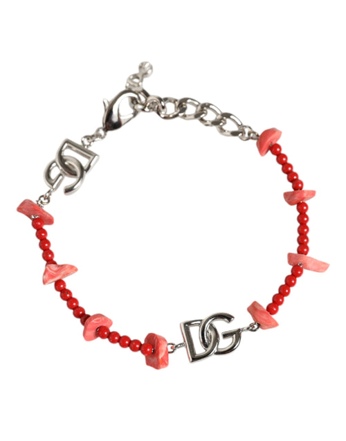 Dolce & Gabbana Silver Tone Brass Beaded Resin DG Logo Chain Bracelet - ClickThatClicks 
