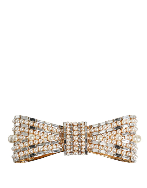 Dolce & Gabbana Gold Tone Brass Bow Crystal FauxPearl Embellished Brooch - ClickThatClicks 