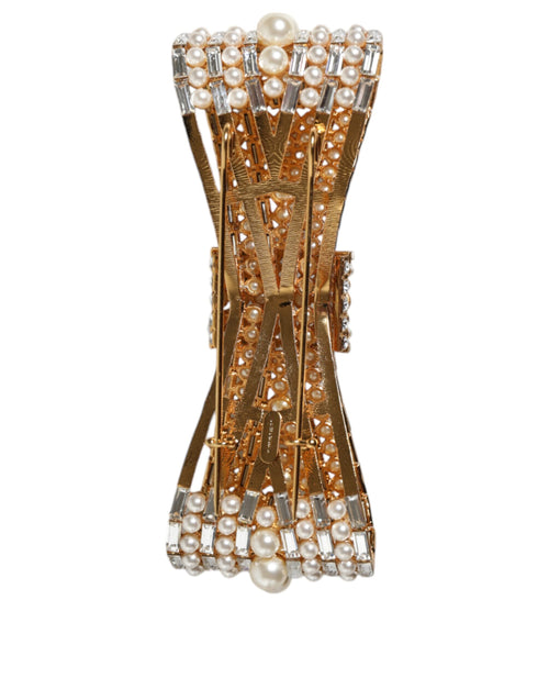Dolce & Gabbana Gold Tone Brass Bow Crystal FauxPearl Embellished Brooch - ClickThatClicks 