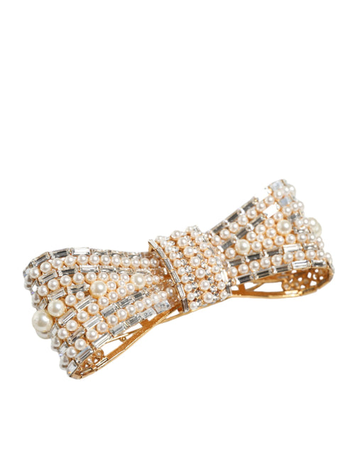 Dolce & Gabbana Gold Tone Brass Bow Crystal FauxPearl Embellished Brooch - ClickThatClicks 