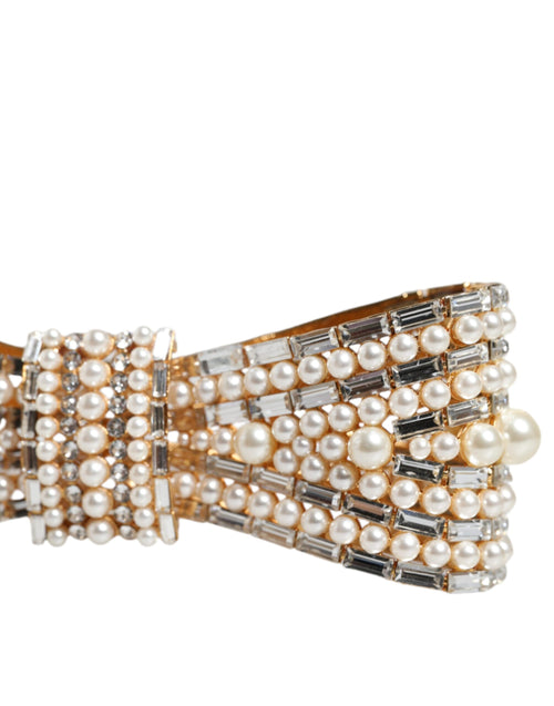 Dolce & Gabbana Gold Tone Brass Bow Crystal FauxPearl Embellished Brooch - ClickThatClicks 