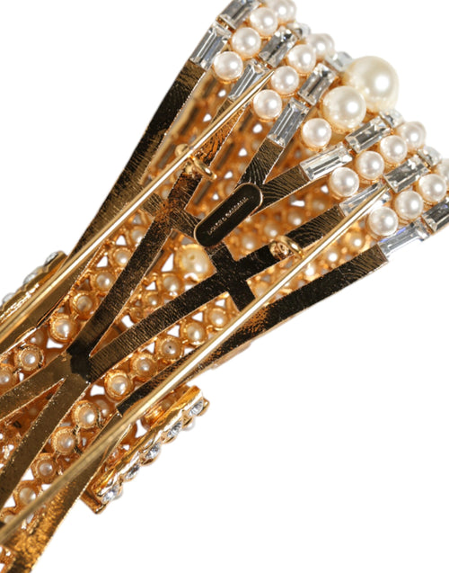 Dolce & Gabbana Gold Tone Brass Bow Crystal FauxPearl Embellished Brooch - ClickThatClicks 