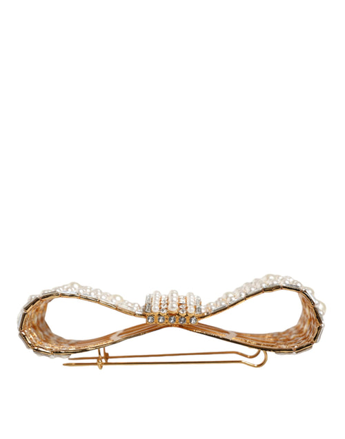 Dolce & Gabbana Gold Tone Brass Bow Crystal FauxPearl Embellished Brooch - ClickThatClicks 