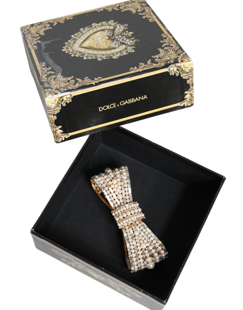 Dolce & Gabbana Gold Tone Brass Bow Crystal FauxPearl Embellished Brooch - ClickThatClicks 