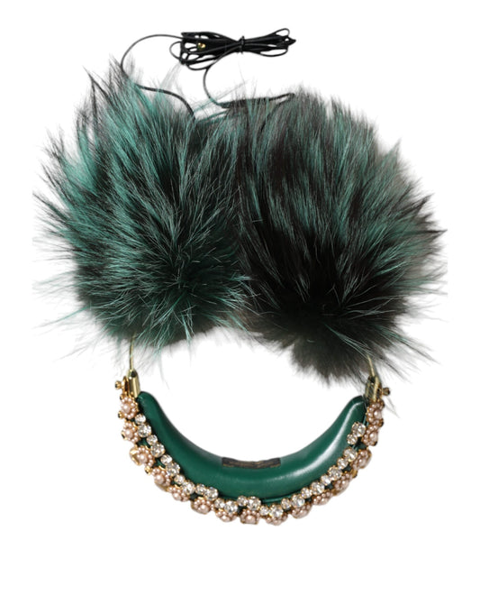 Dolce & Gabbana Green Gold Crystal Fur Headset Audio AUX Headphones - ClickThatClicks 