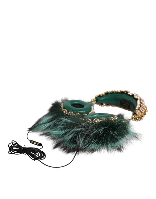 Dolce & Gabbana Green Gold Crystal Fur Headset Audio AUX Headphones - ClickThatClicks 