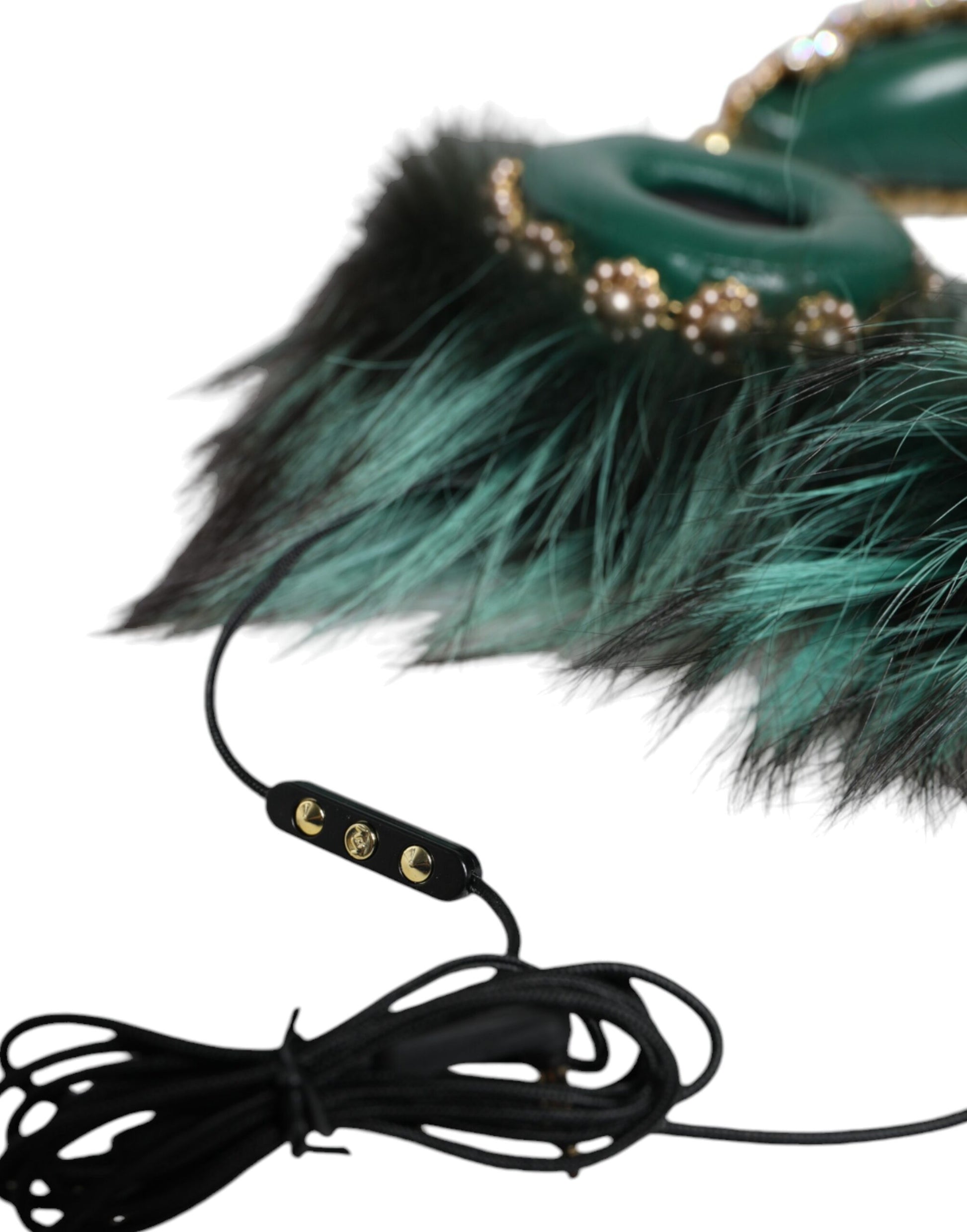 Dolce & Gabbana Green Gold Crystal Fur Headset Audio AUX Headphones - ClickThatClicks 
