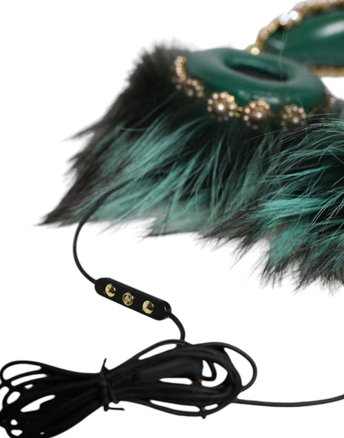 Dolce & Gabbana Green Gold Crystal Fur Headset Audio AUX Headphones - ClickThatClicks 