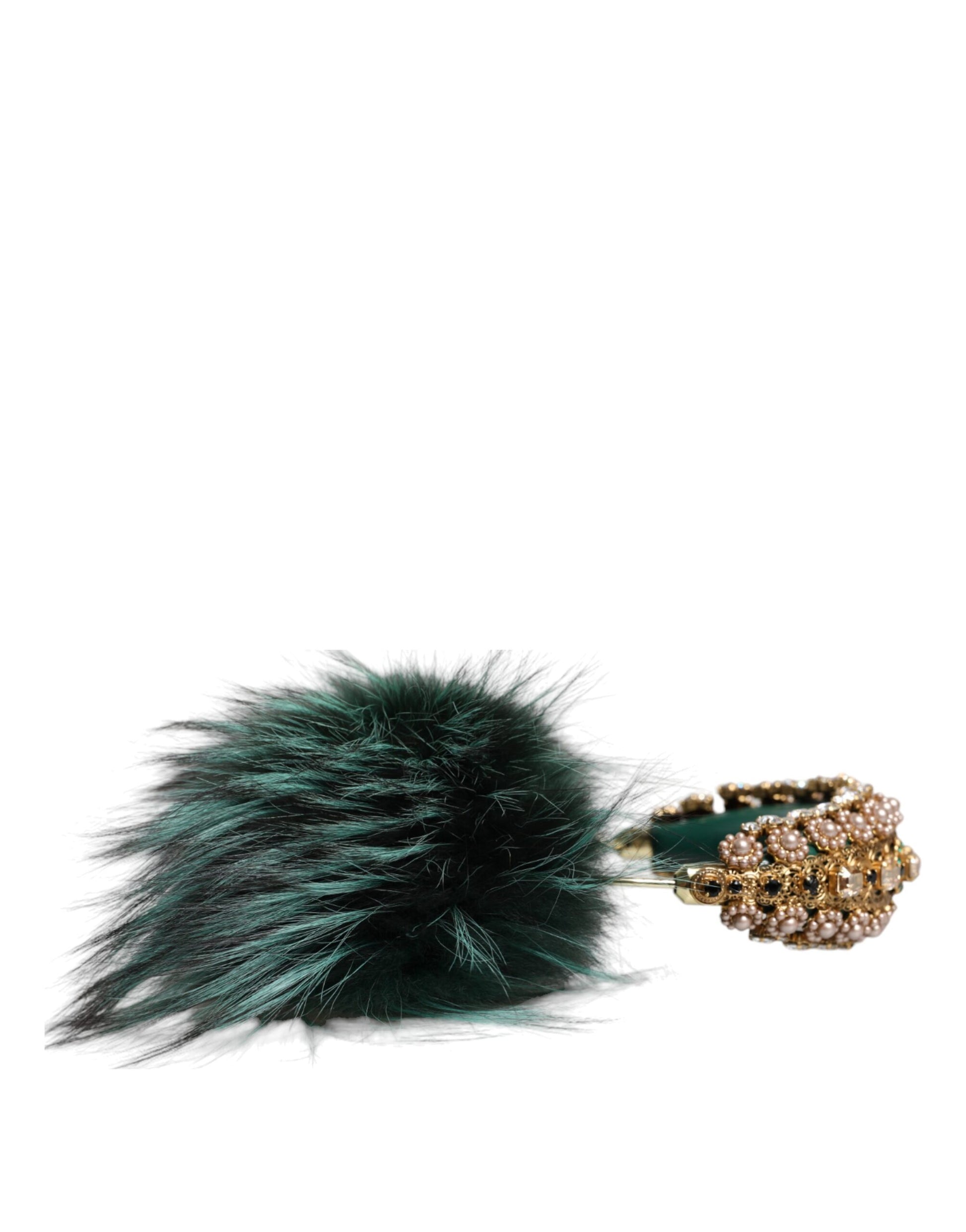Dolce & Gabbana Green Gold Crystal Fur Headset Audio AUX Headphones - ClickThatClicks 