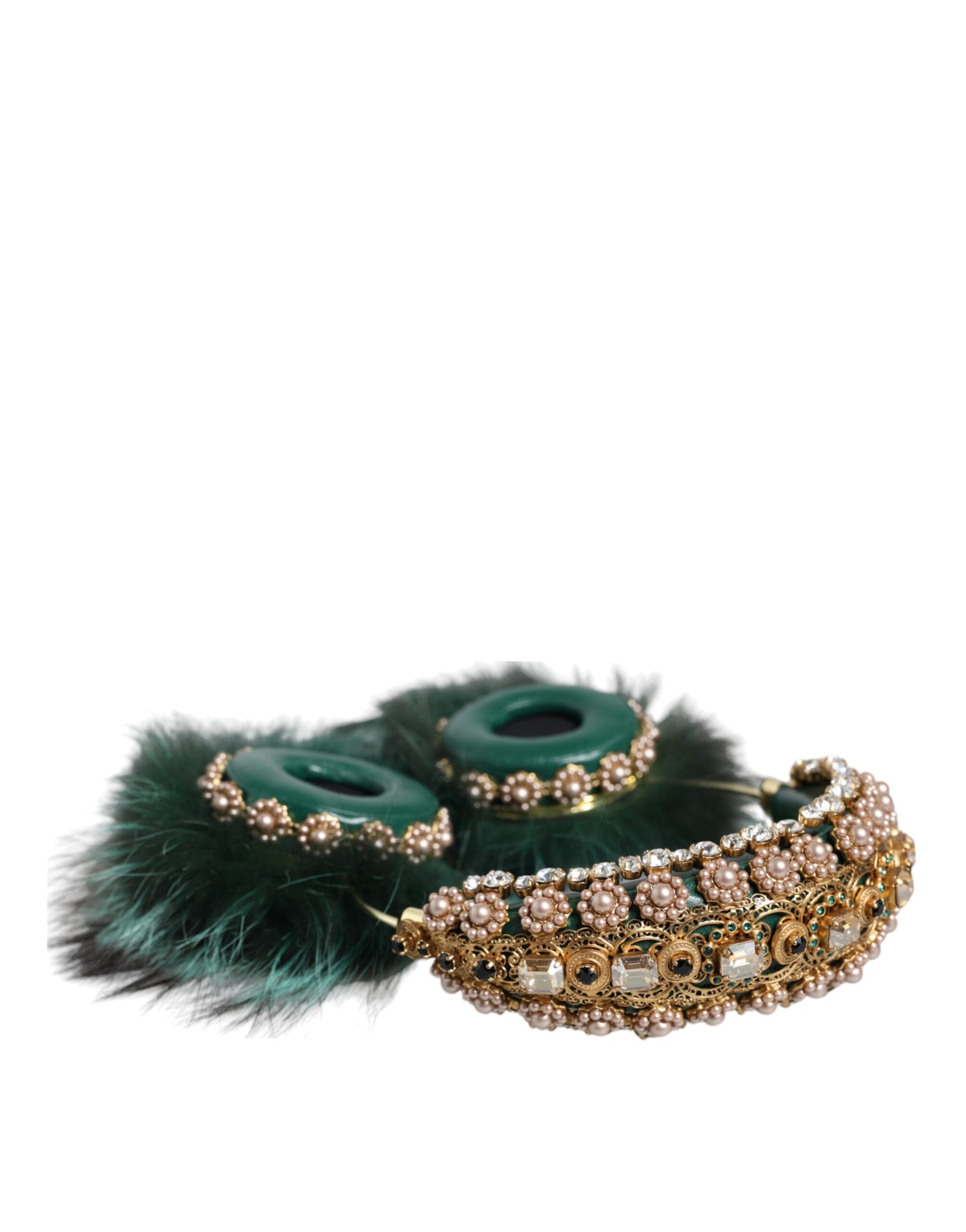 Dolce & Gabbana Green Gold Crystal Fur Headset Audio AUX Headphones - ClickThatClicks 