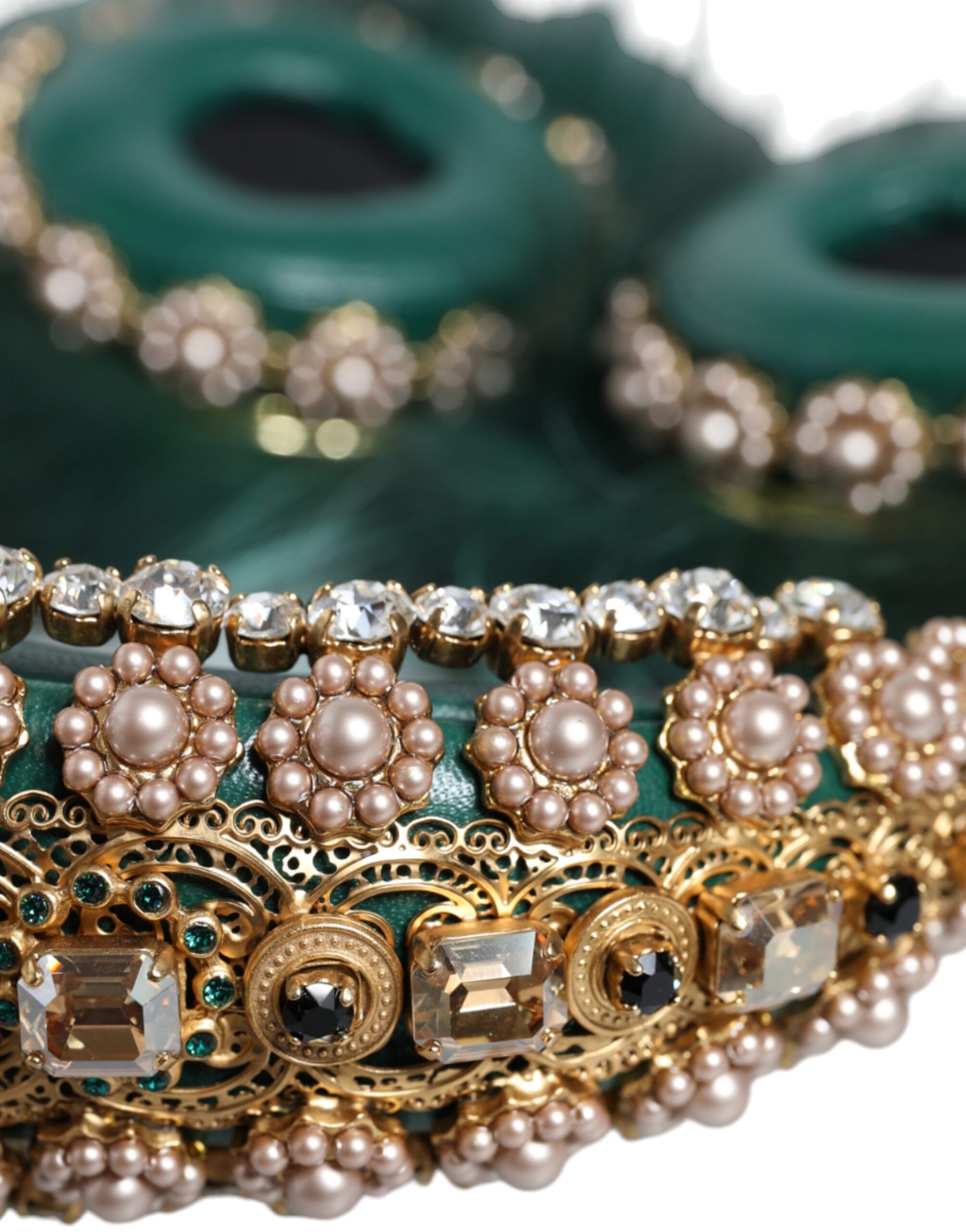 Dolce & Gabbana Green Gold Crystal Fur Headset Audio AUX Headphones - ClickThatClicks 