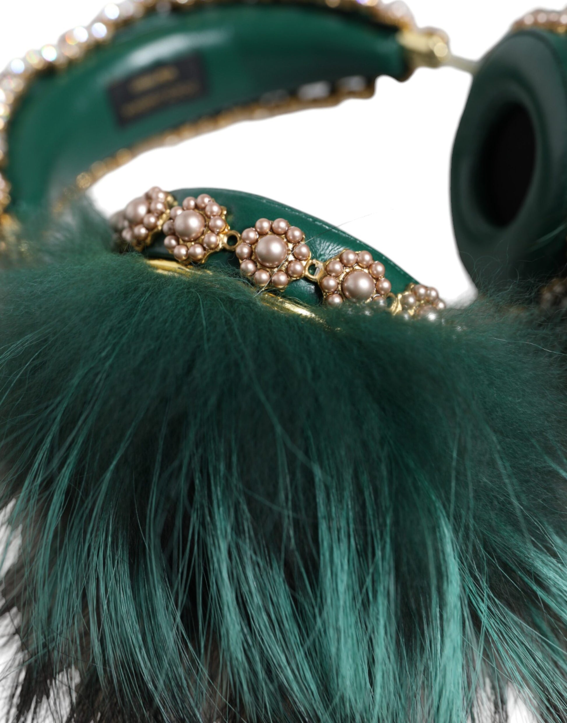 Dolce & Gabbana Green Gold Crystal Fur Headset Audio AUX Headphones - ClickThatClicks 