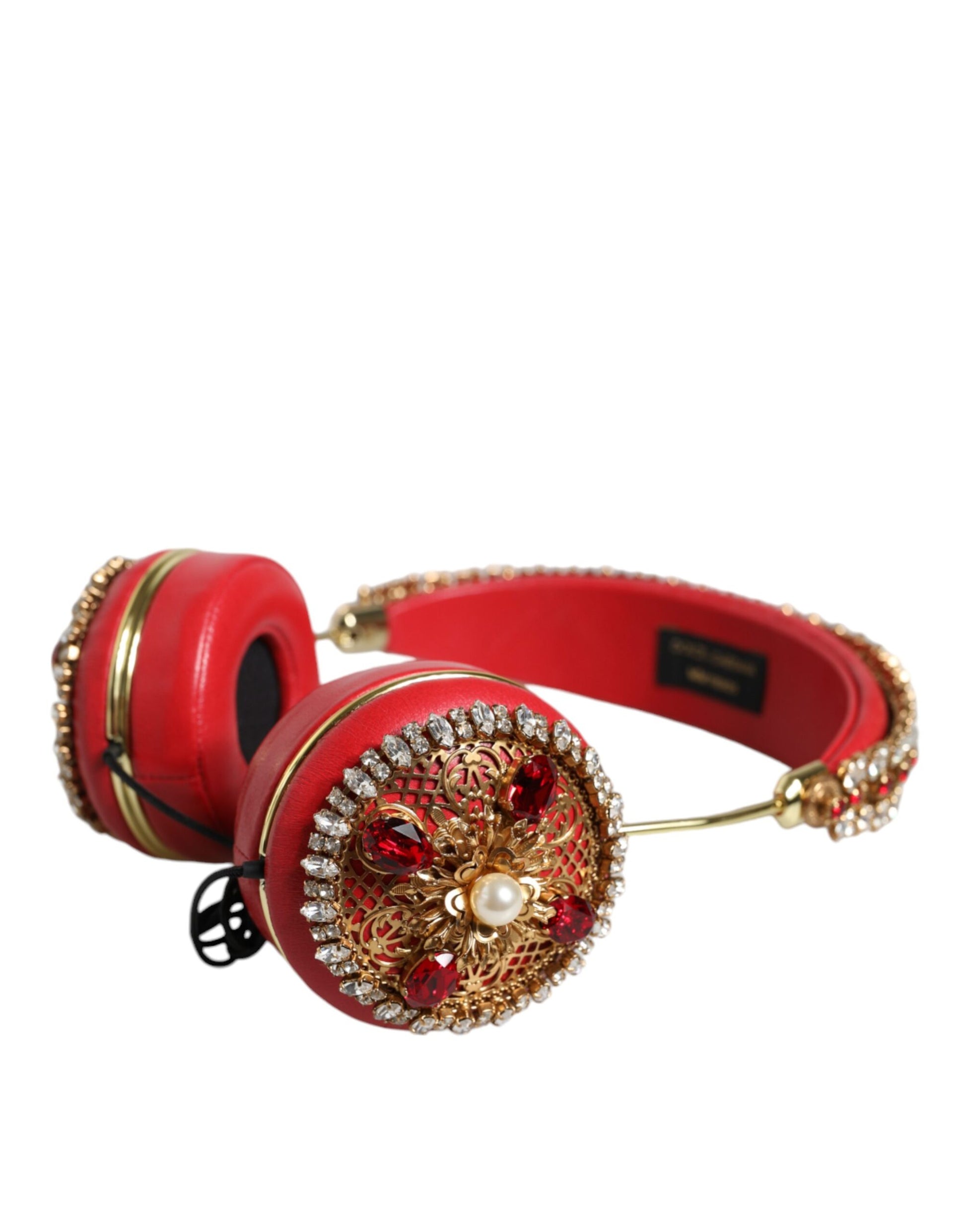 Dolce & Gabbana Red Nappa Leather Floral Crystal Headphone - ClickThatClicks 