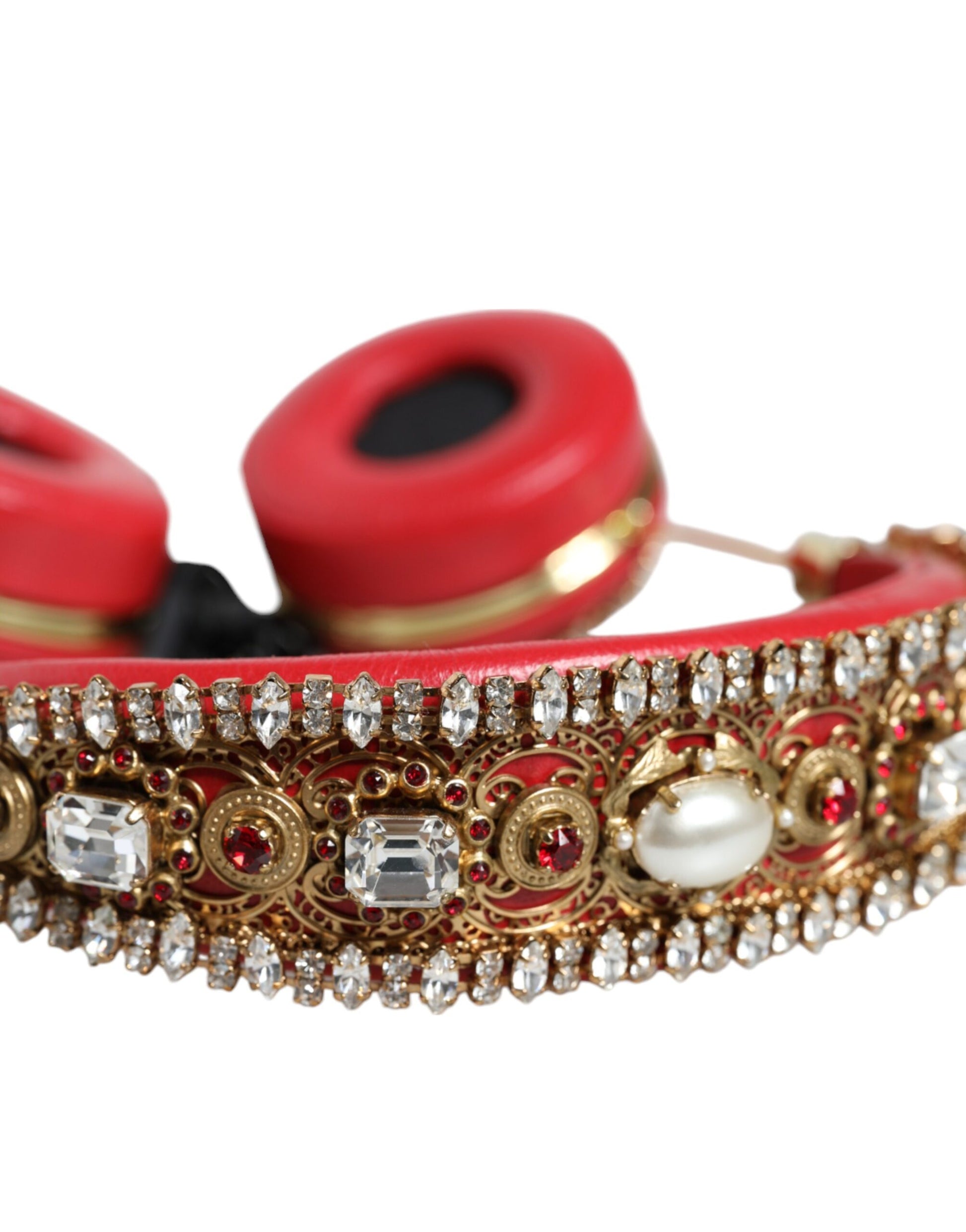 Dolce & Gabbana Red Nappa Leather Floral Crystal Headphone - ClickThatClicks 