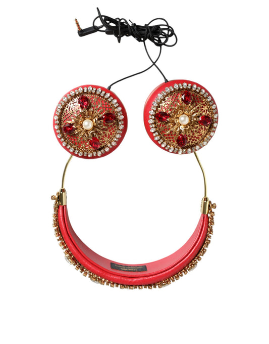 Dolce & Gabbana Red Nappa Leather Floral Crystal Headphone - ClickThatClicks 
