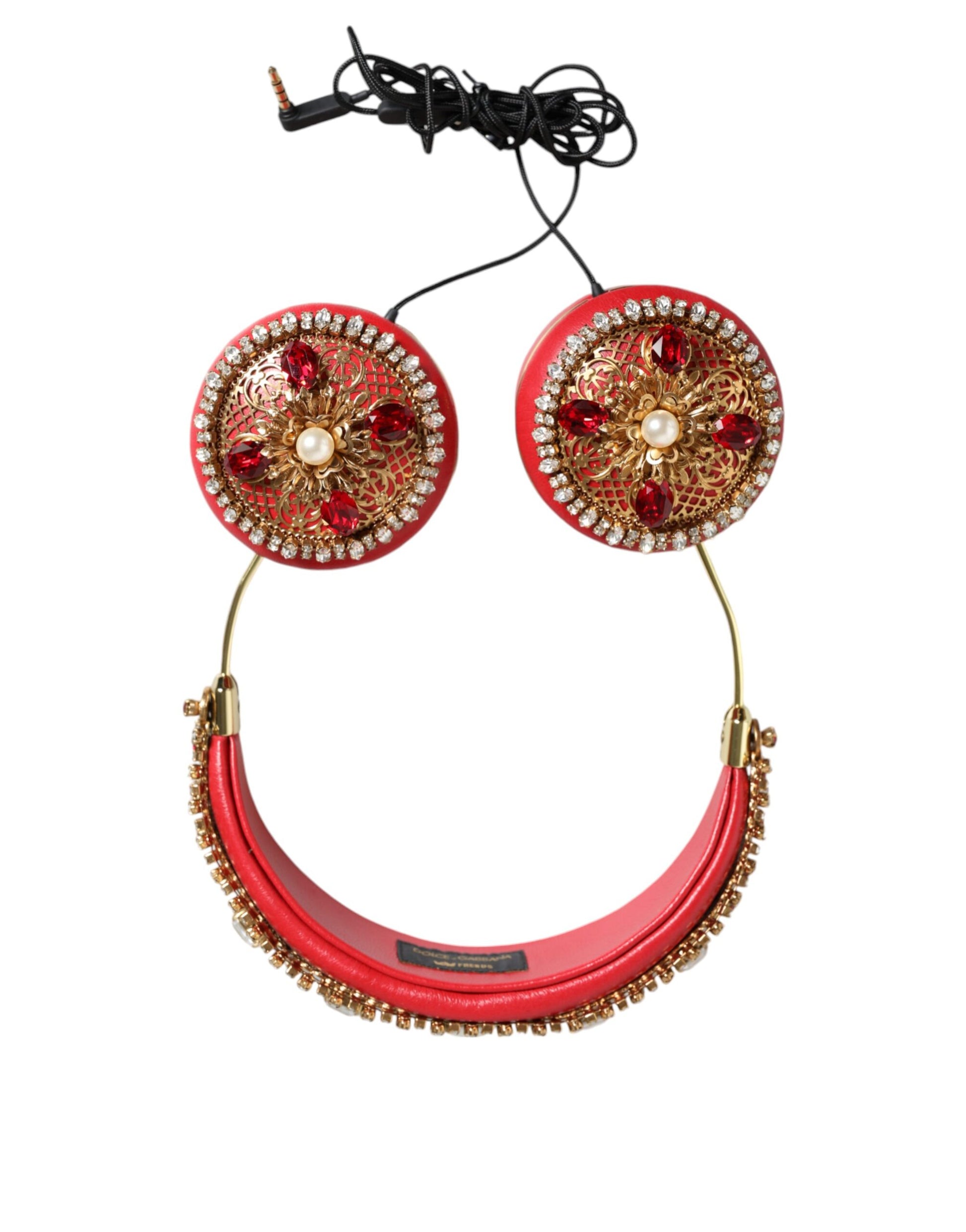 Dolce & Gabbana Red Nappa Leather Floral Crystal Headphone - ClickThatClicks 