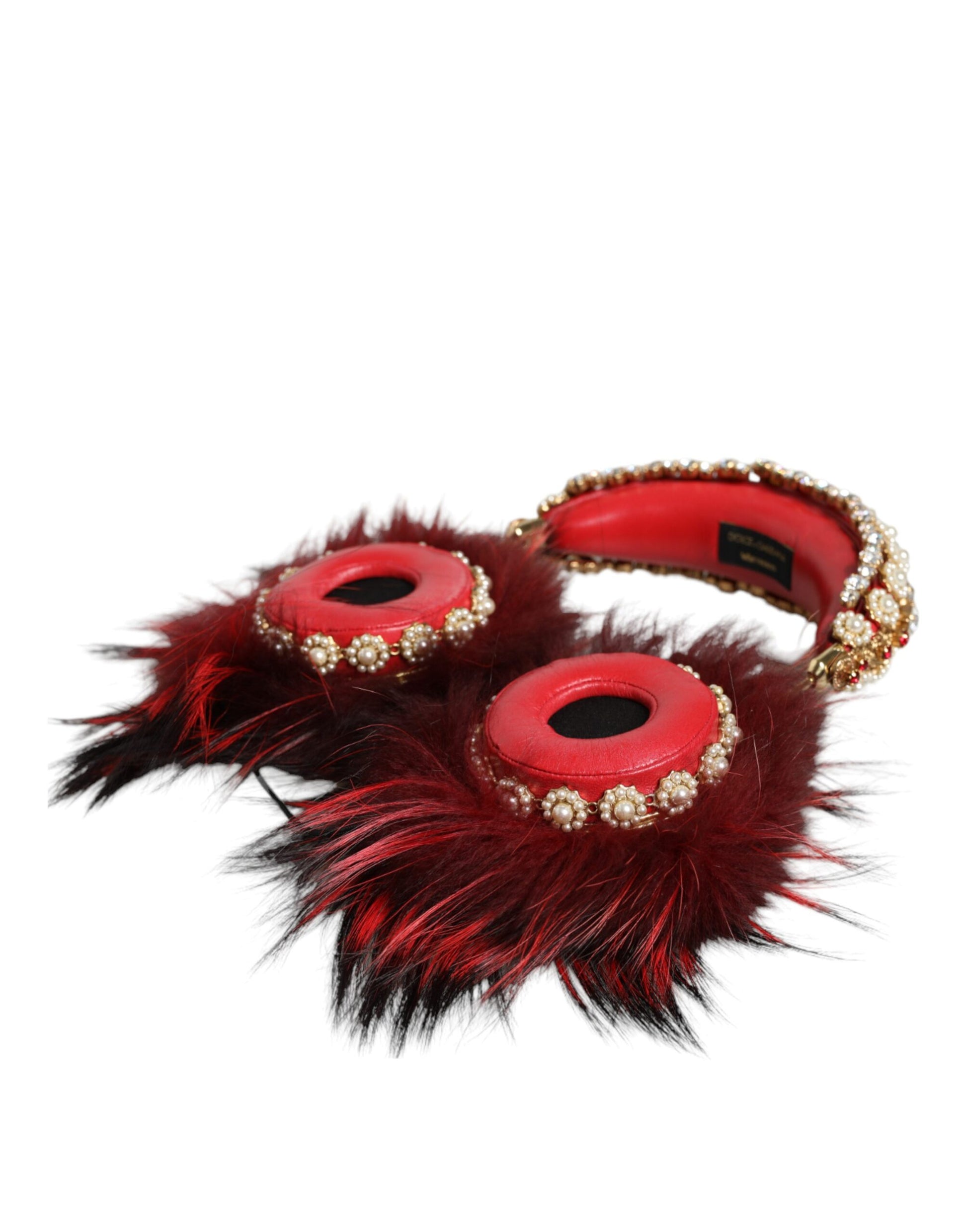 Dolce & Gabbana Red Gold Crystal Fur Headset Audio AUX Headphones - ClickThatClicks 