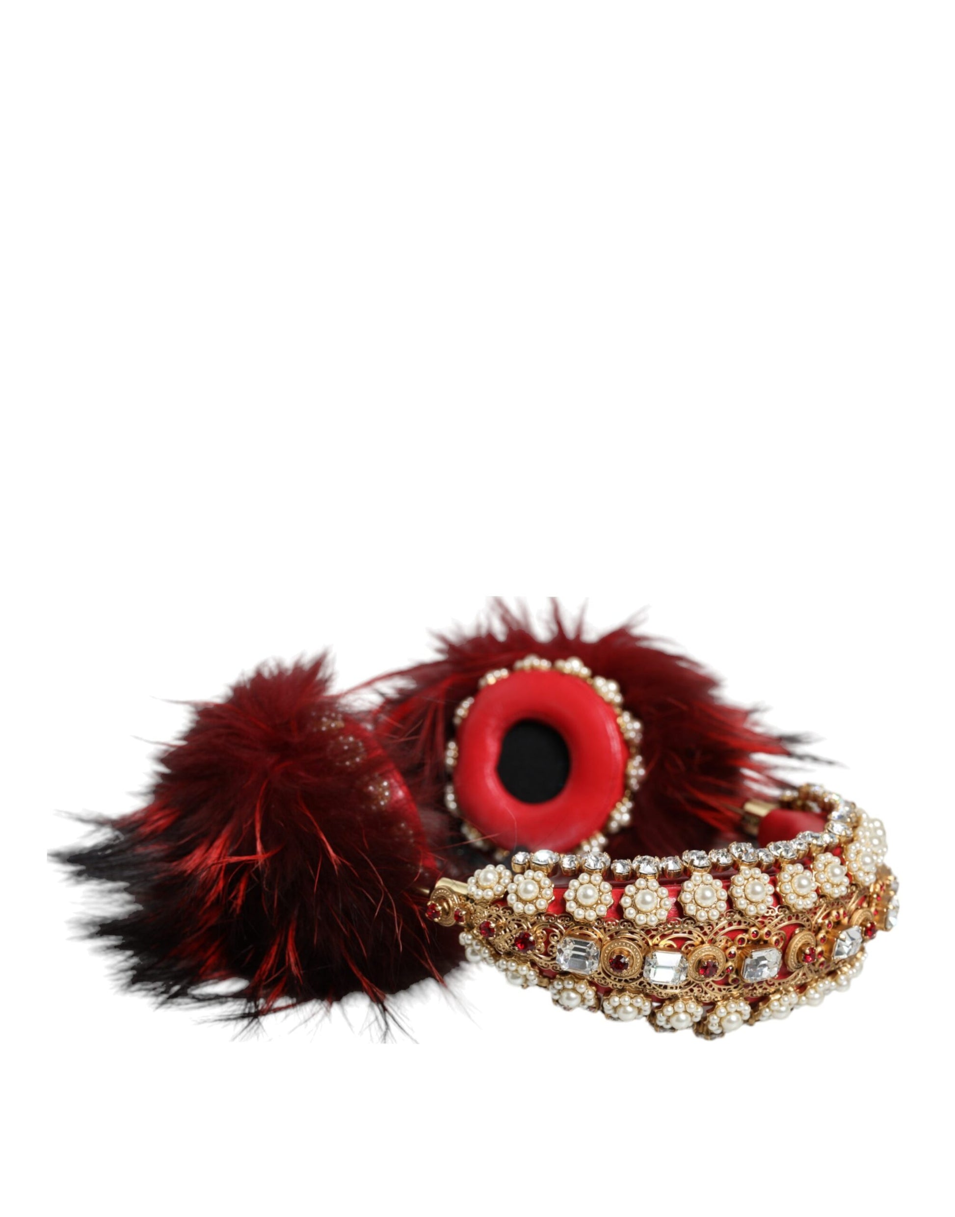 Dolce & Gabbana Red Gold Crystal Fur Headset Audio AUX Headphones - ClickThatClicks 