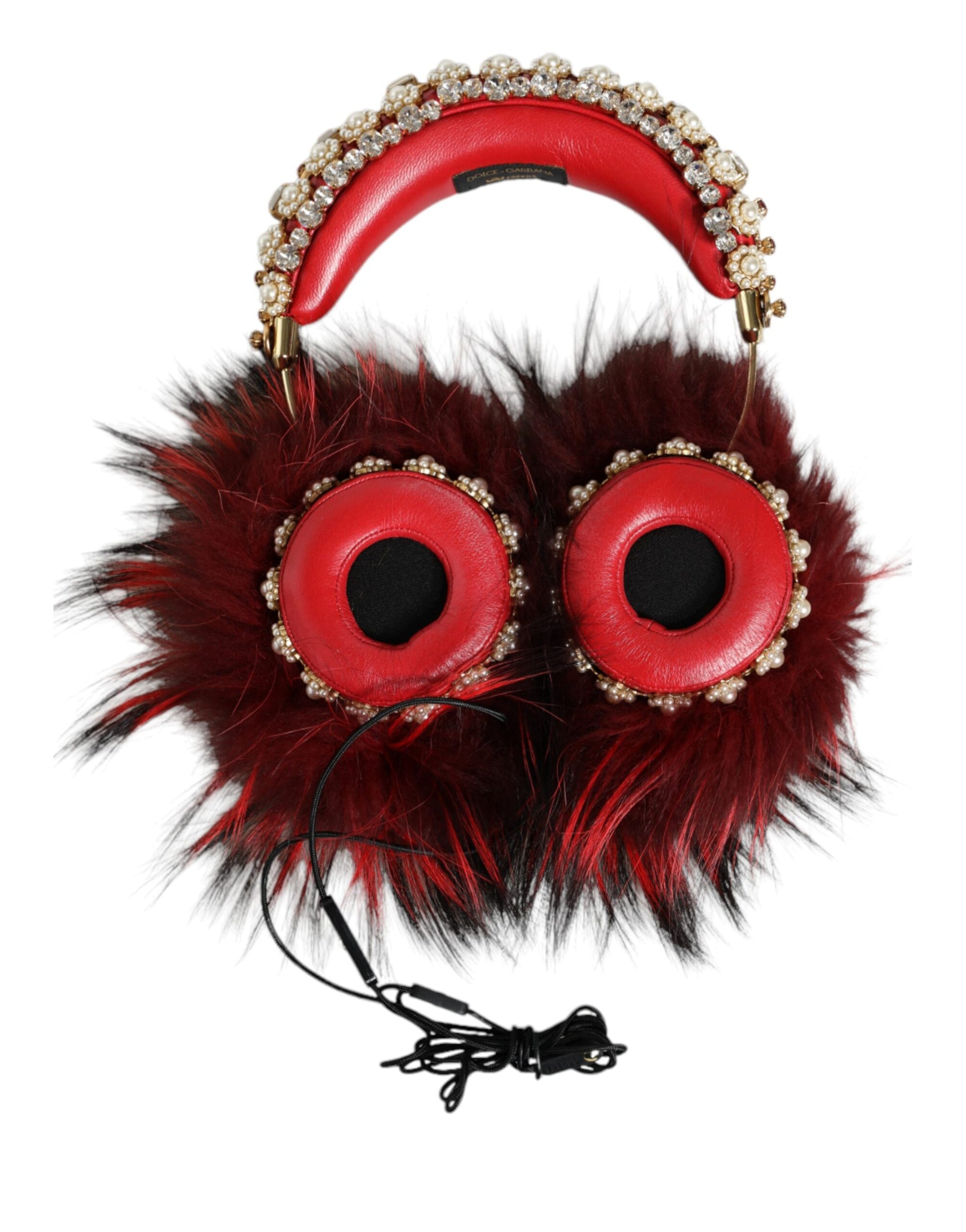 Dolce & Gabbana Red Gold Crystal Fur Headset Audio AUX Headphones - ClickThatClicks 