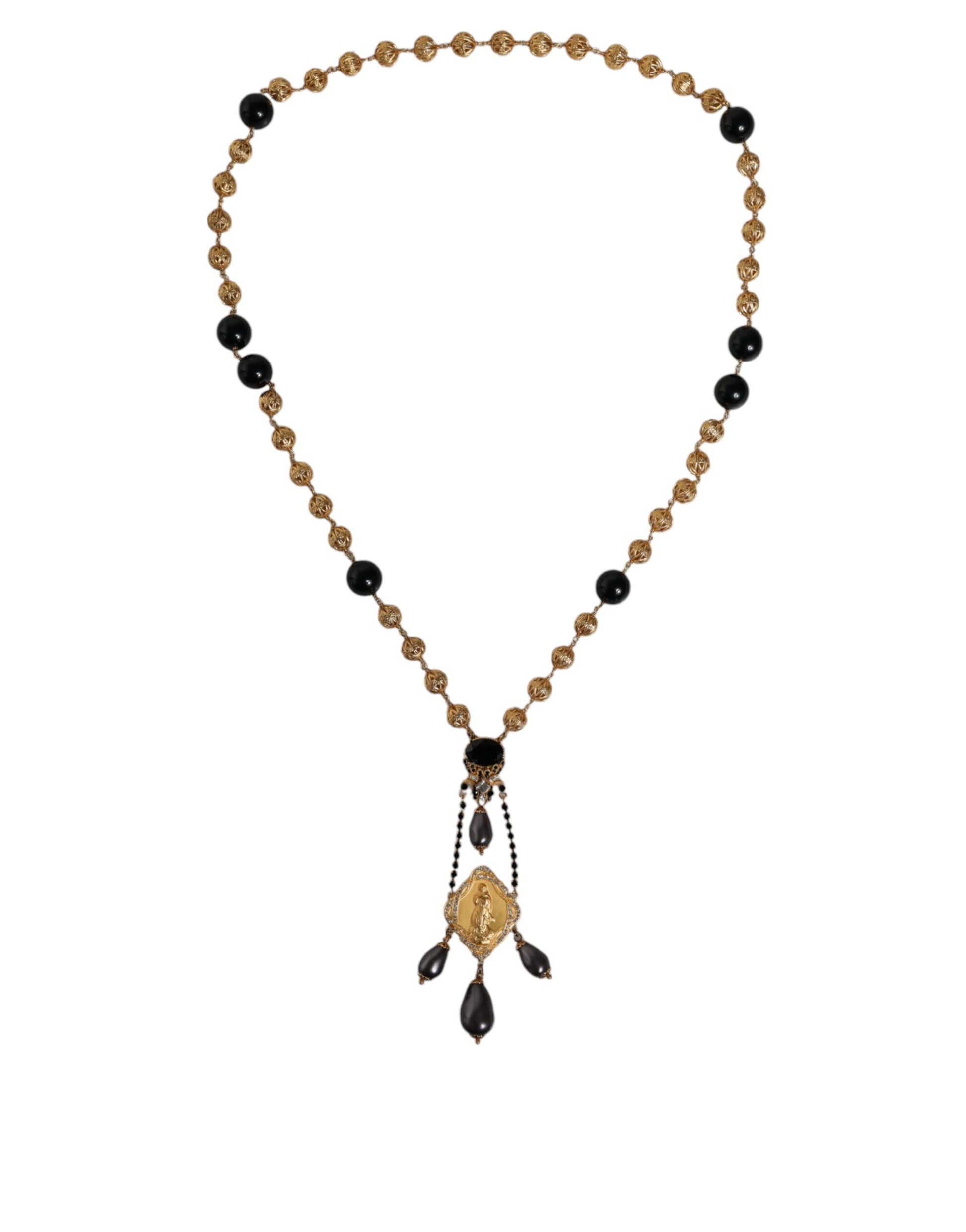 Dolce & Gabbana Gold Chain Brass Black Beaded Rosary Style Necklace - ClickThatClicks 
